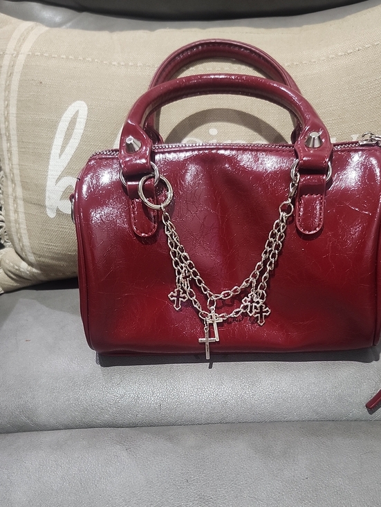 Source Unknown Handbags - Glossy Vegan Leather Burgundy Dome Satchel/Crossbody Wirh Charm